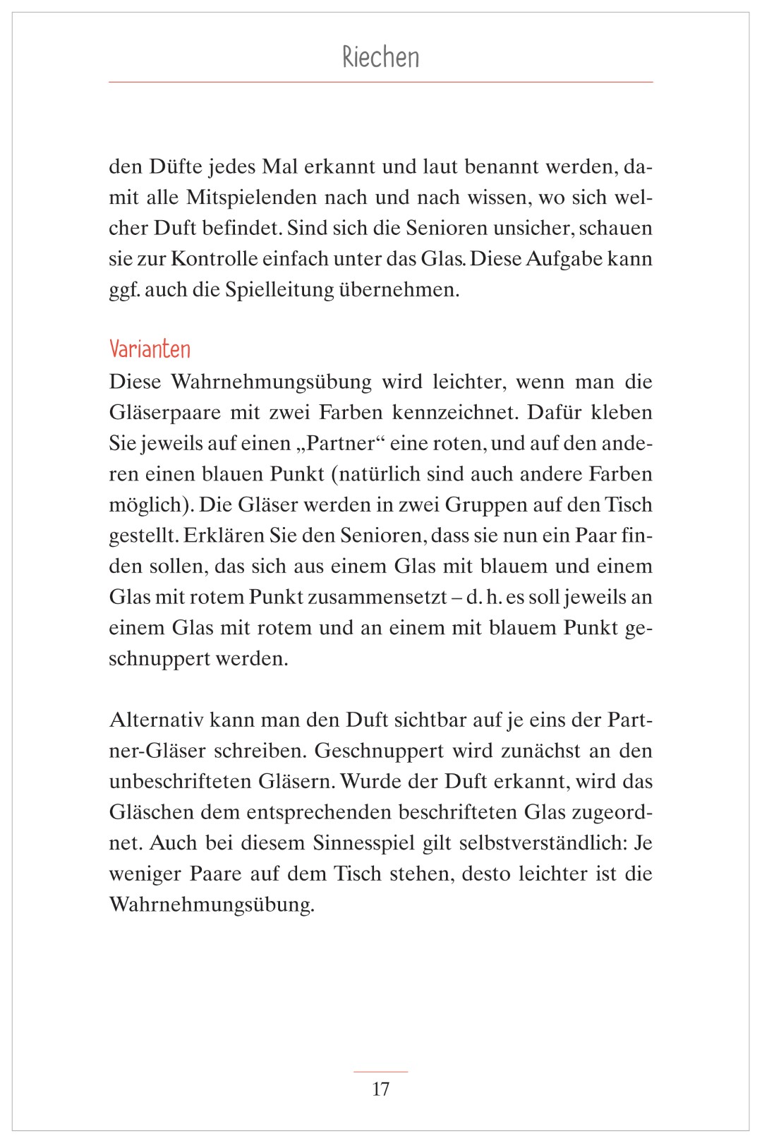 Beispielseite aus „Wahrnehmungsspiele für alle Sinne“. Abgebildet ist das Spiel „Riech-Memospiel“ mit Spielanleitung und einer Übersicht der benötigten Materialien.