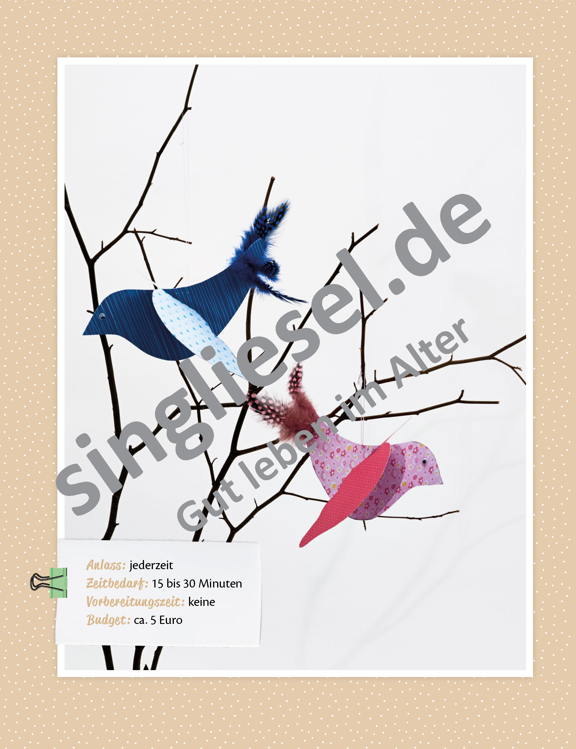 Beispielbild für eine Bastelanleitung für Vogel-Baumschmuck - kreatives Gestalten mit Senioren als PDF-Download Beispielbild für eine Bastelanleitung für Vogel-Baumschmuck - kreatives Gestalten mit Senioren als PDF-Download