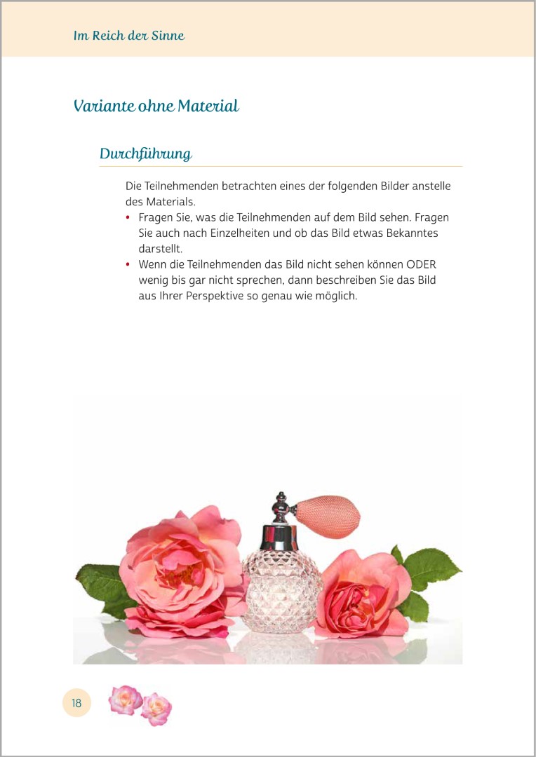 Beispielseite aus Gedächtnistraining für Senioren "Aktiv mit allen Sinnen". Gezeigt wird eine Gedächtnisübung mit dem Titel „Düfte und biografische Anknüpfungspunkte“. Die Übungen eignen sich ideal zur Aktivierung von Senioren.