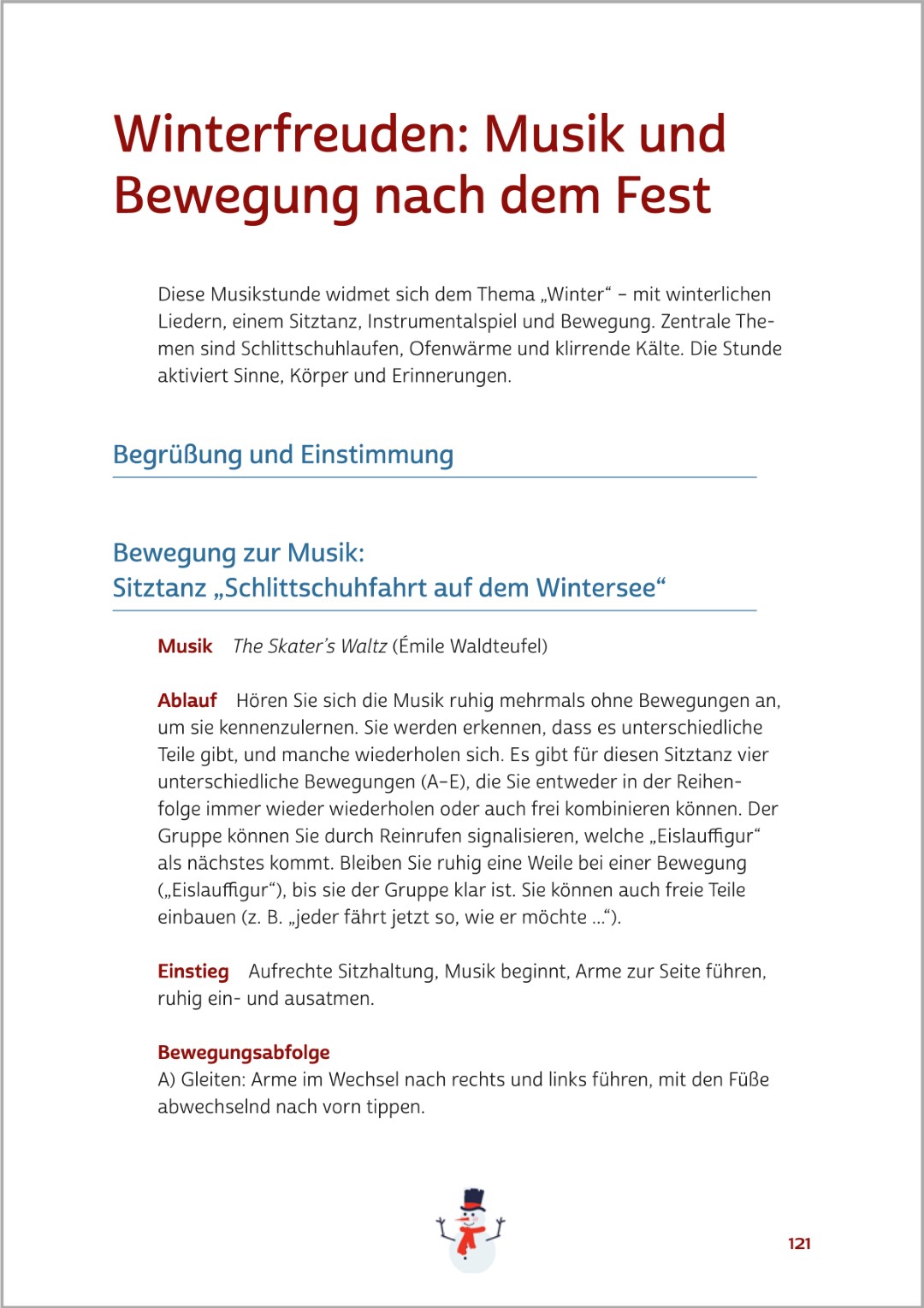 Beispielseite aus dem Buch „Aktivieren mit Musik für Senioren leicht gemacht“. Gezeigt wird die Aktivierung „Winterfreuden: Musik und Bewegung nach dem Fest“, eine musikalische Übung zur Aktivierung nach der Winterzeit