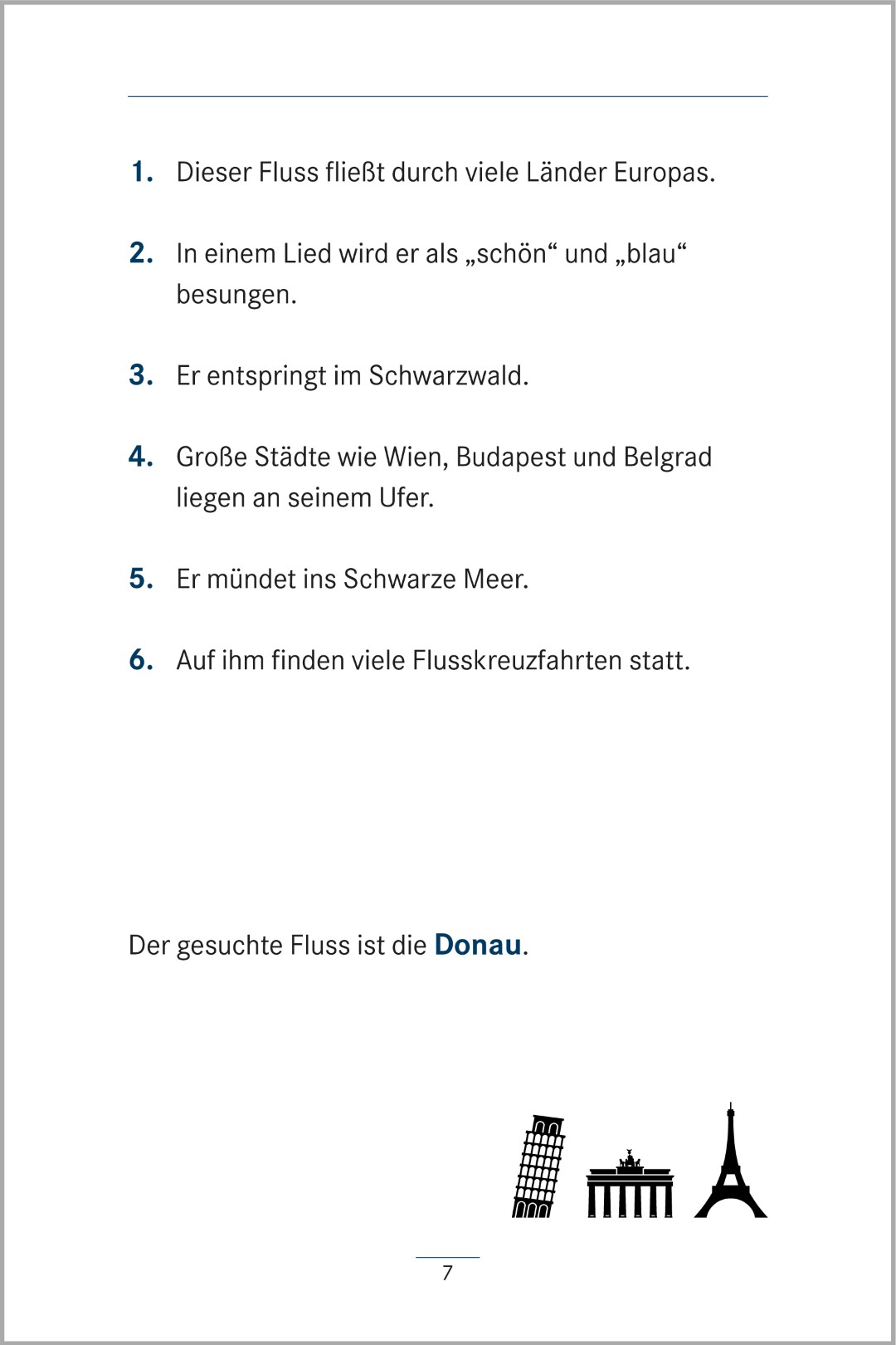 Beispielseite aus dem Buch „Umschreibungen – Stadt, Land, Fluss“ vom SingLiesel Verlag. Zu sehen ist eine Übungsseite, auf der mithilfe von sechs beschreibenden Hinweisen der gesuchte Begriff „Donau“ gefunden werden soll.