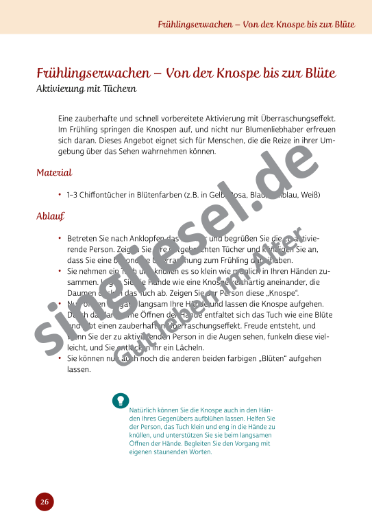 Beispielseiten aus Sinneswelten wecken - Kurzaktivierungen für bettlägerige Senioren mit Demenz als PDF-Download Beispielseiten aus Sinneswelten wecken - Kurzaktivierungen für bettlägerige Senioren mit Demenz als PDF-Download