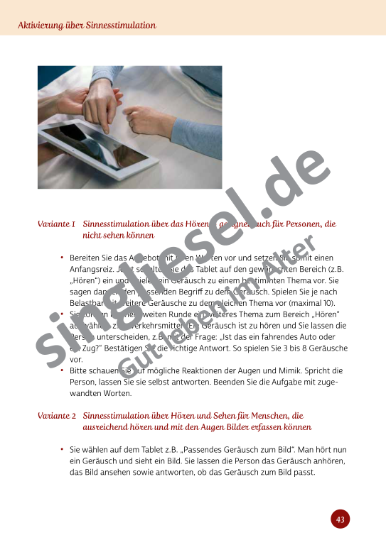 Beispielseiten aus Sinneswelten wecken - Kurzaktivierungen für bettlägerige Senioren mit Demenz als PDF-Download Beispielseiten aus Sinneswelten wecken - Kurzaktivierungen für bettlägerige Senioren mit Demenz als PDF-Download