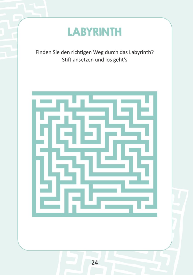 Beispielseite aus dem Buch ‚Gedächtnistraining für zwischendurch – Das Rätselbuch für Senioren‘. Abgebildet ist ein Labyrinth-Rätsel.
