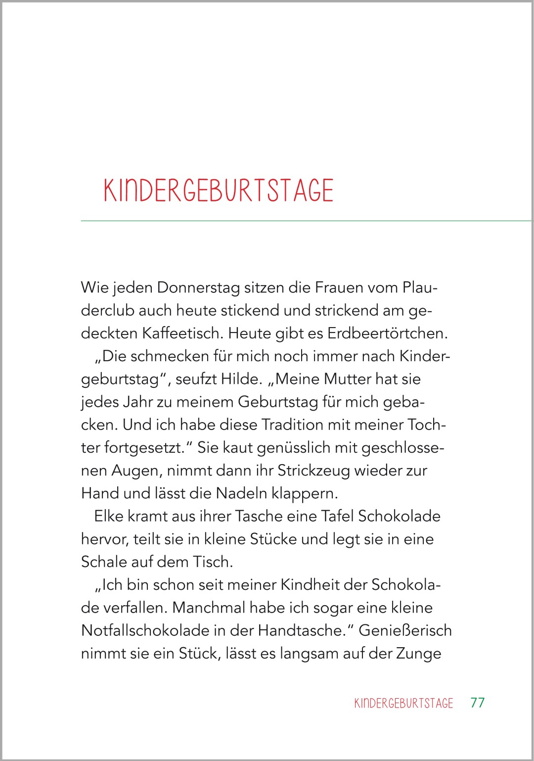 Beispielseite aus der Geschichte ‚Kindergeburtstage‘ im Buch ‚Kurzgeschichten für Senioren‘. Die Geschichte behandelt Kindheitsgeschichten des Plauderclubs. Die Geschichte ist im Großdruck gestaltet.