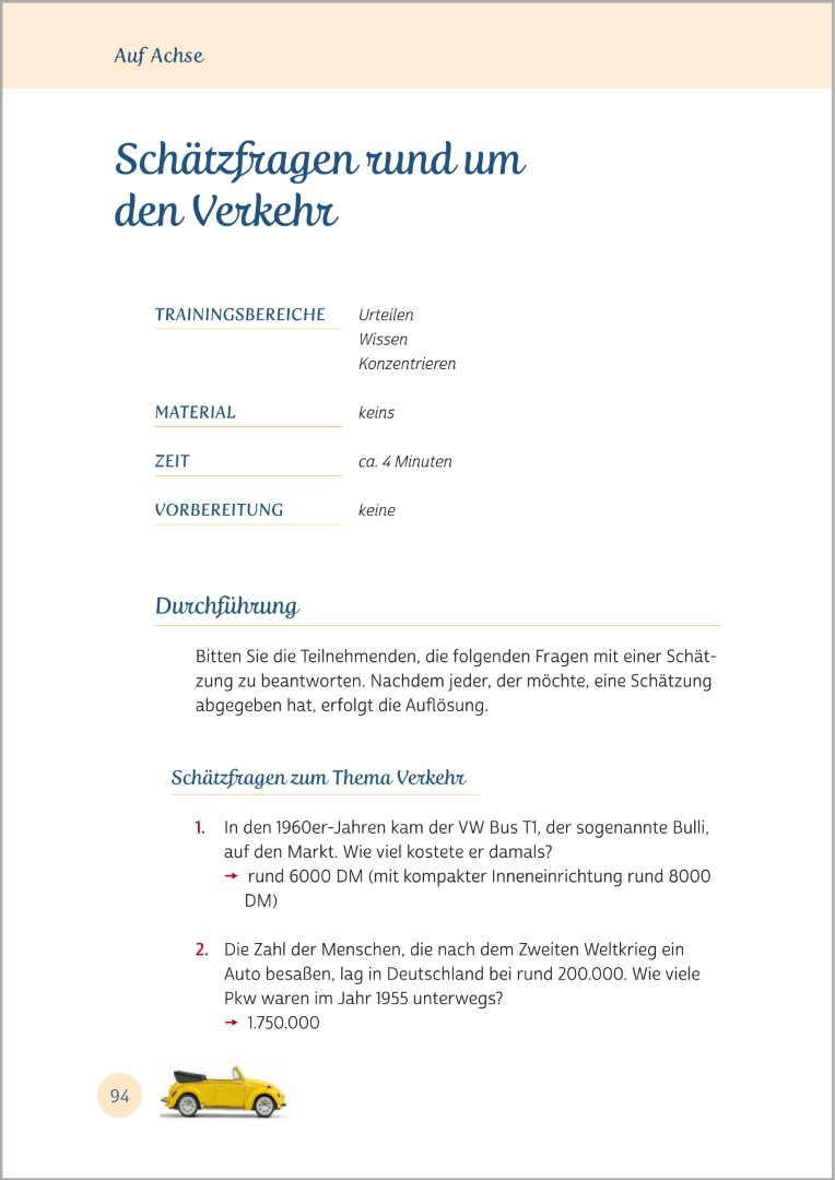 Beispielseite aus Gedächtnistraining für Senioren "Kluge Kerle". Gezeigt wird eine Übung aus der Sparte "Auf Achse".