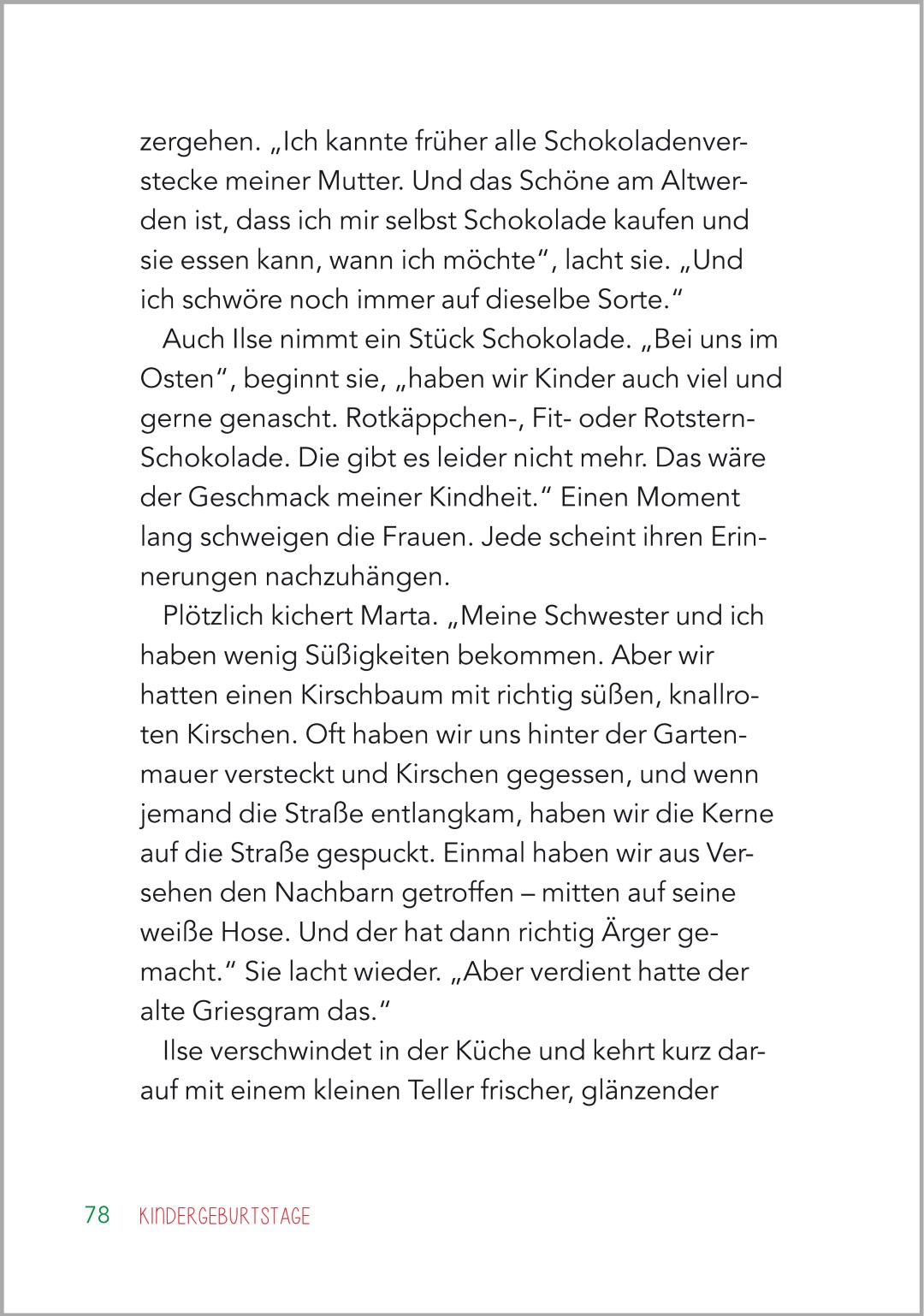 Beispielseite aus der Geschichte ‚Kindergeburtstage‘ im Buch ‚Kurzgeschichten für Senioren‘. Die Geschichte behandelt Kindheitsgeschichten des Plauderclubs. Die Geschichte ist im Großdruck gestaltet.