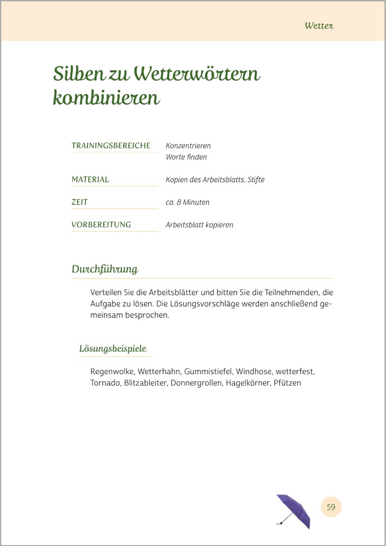 Beispielseite aus Gedächtnistraining für Senioren "Gehirnjogging für Naturliebhaber". Gezeigt wird eine Gedächtnisübung mit dem Titel „Silben zu Wetterwörtern kombinieren“. Die Übungen eignen sich ideal zur Aktivierung von Senioren.