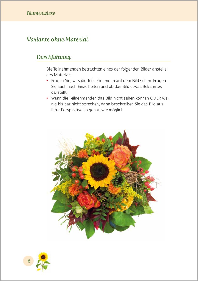 Beispielseite aus Gedächtnistraining für Senioren "Gehirnjogging für Naturliebhaber". Gezeigt wird eine Gedächtnisübung mit dem Titel „Blumen und biografische Anknüpfungspunkte“. Die Übungen eignen sich ideal zur Aktivierung von Senioren.