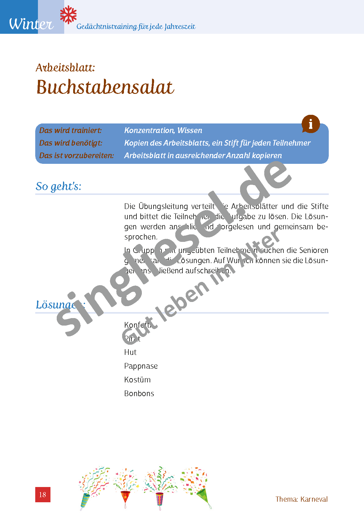 Beispielseite für Gedächtnistraining für Senioren mit Demenz - Kopiervorlagen zum Thema Fasching als PDF-Download Beispielseite für Gedächtnistraining für Senioren mit Demenz - Kopiervorlagen zum Thema Fasching als PDF-Download