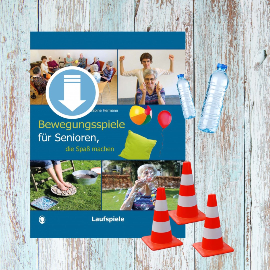 PDF-Cover zu „Bewegungsspiele für Senioren, die Spaß machen. Laufspiele“ von Sabine Hermann. Auf dem Cover sind ältere Menschen zu sehen, die gemeinsam spielen und sich aktiv bewegen.