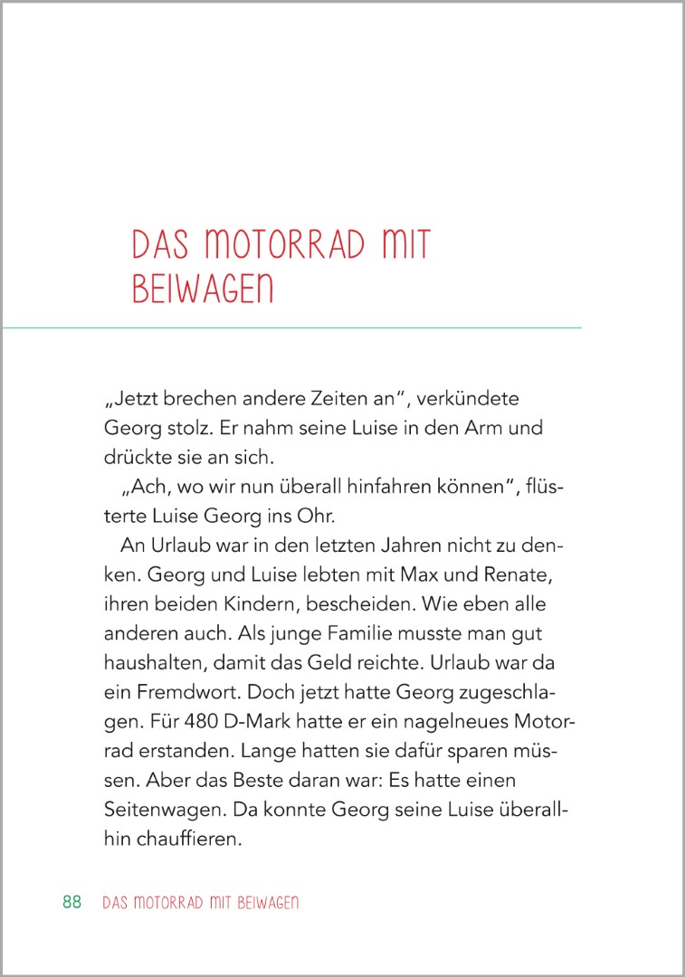 Beispielseite aus der Geschichte „Das Motorrad mit Beiwagen“ im Buch „Kurzgeschichten für Senioren“. Zu sehen ist eine in Großdruck gestaltete Textseite mit klarer, gut lesbarer Schrift, die eine heitere Alltagsgeschichte erzählt und sich besonders gut zu