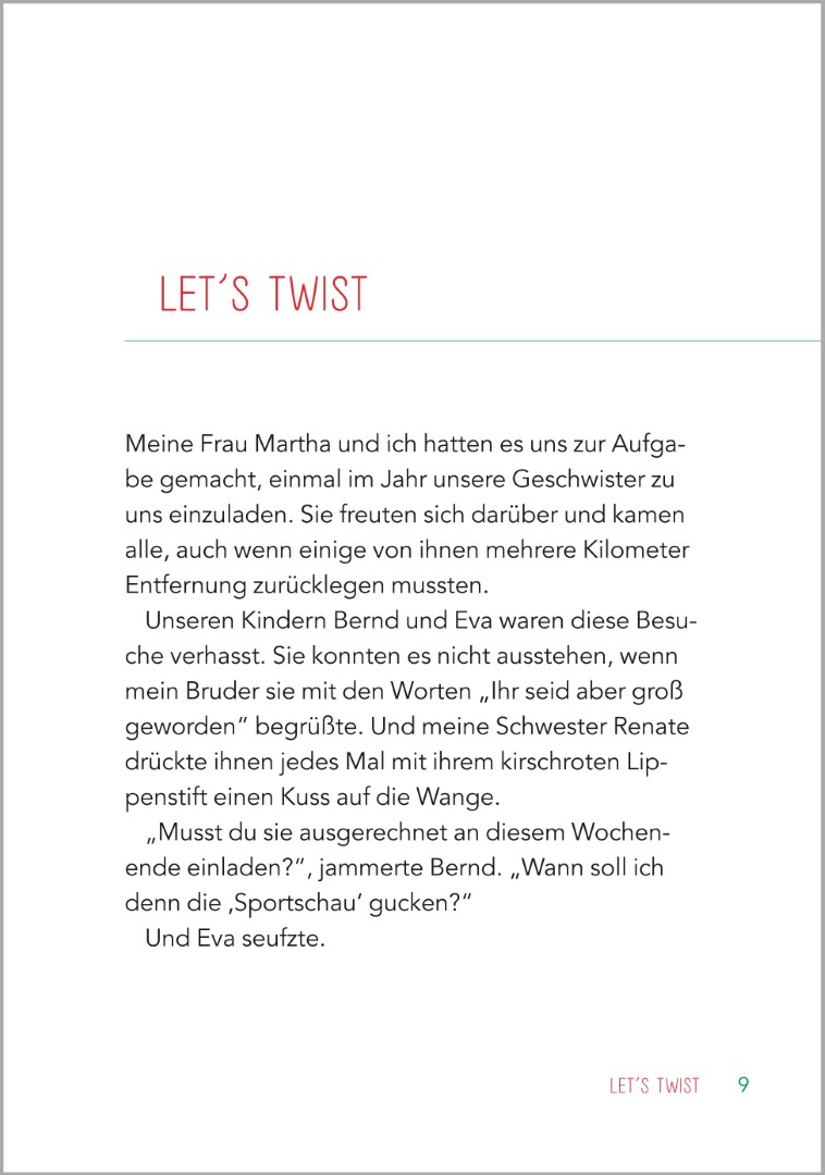 Beispielseite aus dem Buch ‚Geschichten aus den 60ern - Kurzgeschichten für Senioren‘. Die Kurzgeschichte "Let´s Twist" bezieht sich dabei auf einen bekannten Tanz der 60er-Jahre.