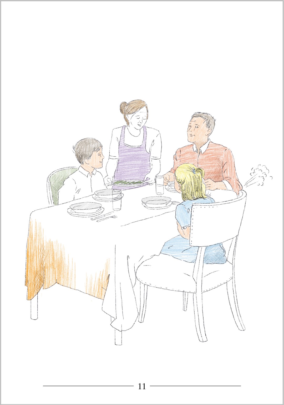 Beispielseite aus dem Buch "Die schönsten Sprichwortgeschichten zum Lachen und Schmunzeln". Zu sehen ist eine Familie mit zwei Kindern, die gemeinsam am Esstisch sitzen.