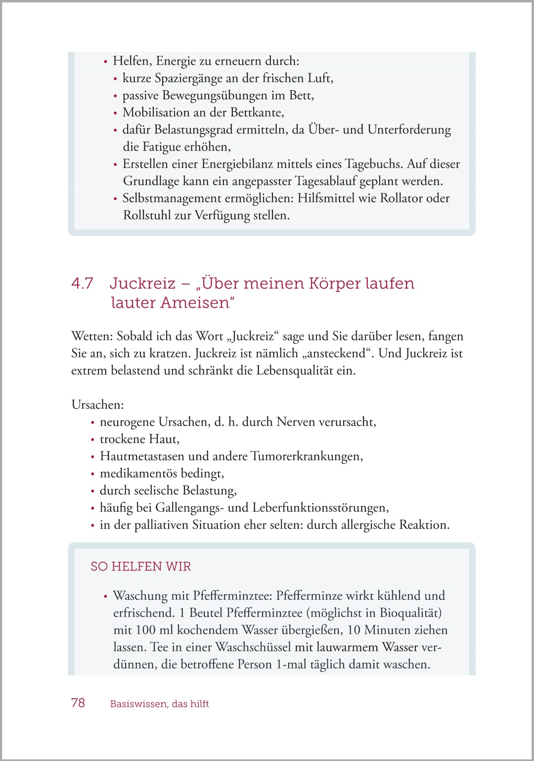 Beispielseite aus dem Buch „Palliative Care und Sterbebegleitung – Ein Ratgeber für Begleitende und Angehörige“ mit praktischen Hilfestellungen bei körperlichen Beschwerden.