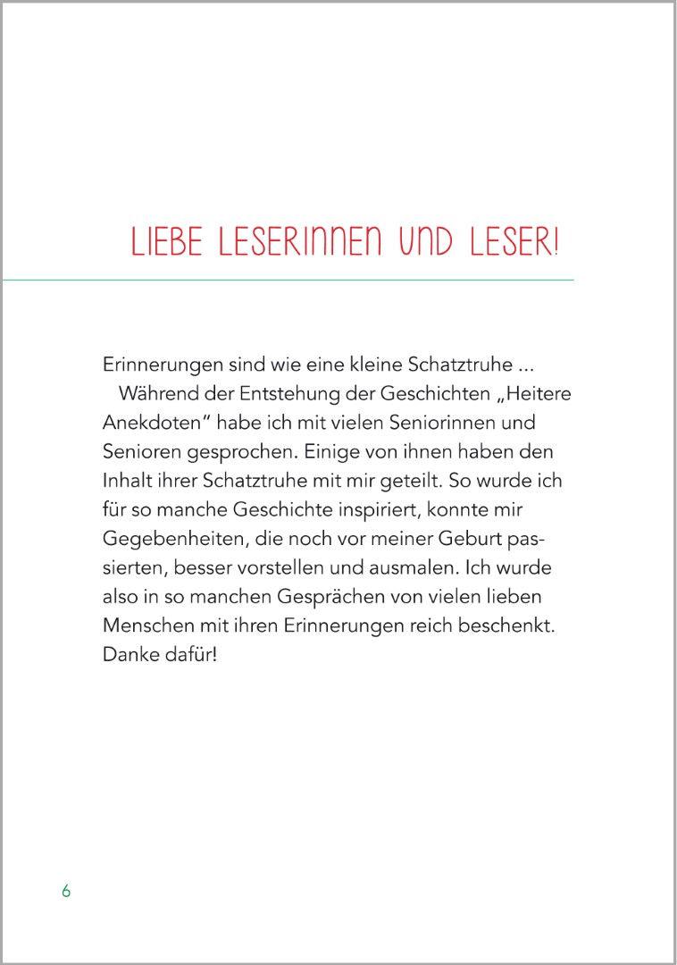 Einleitungsseite des Buches ‚Kurzgeschichten für Senioren – Heitere Anekdoten‘ von Petra Bartoli y Eckert. Das Buch eignet sich besonders gut zur Aktivierung und Erinnerungsarbeit mit Senioren mit Demenz.
