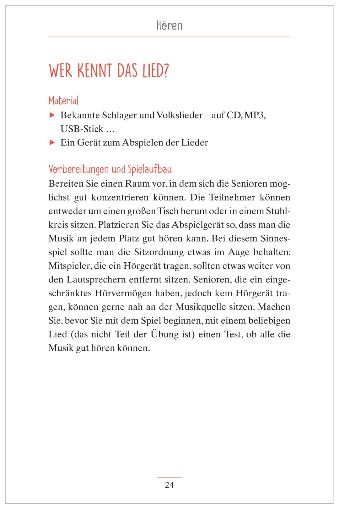 Beispielseite aus „Wahrnehmungsspiele für alle Sinne“. Abgebildet ist das Spiel „Wer kennt das Lied“ mit Spielanleitung und einer Übersicht der benötigten Materialien.