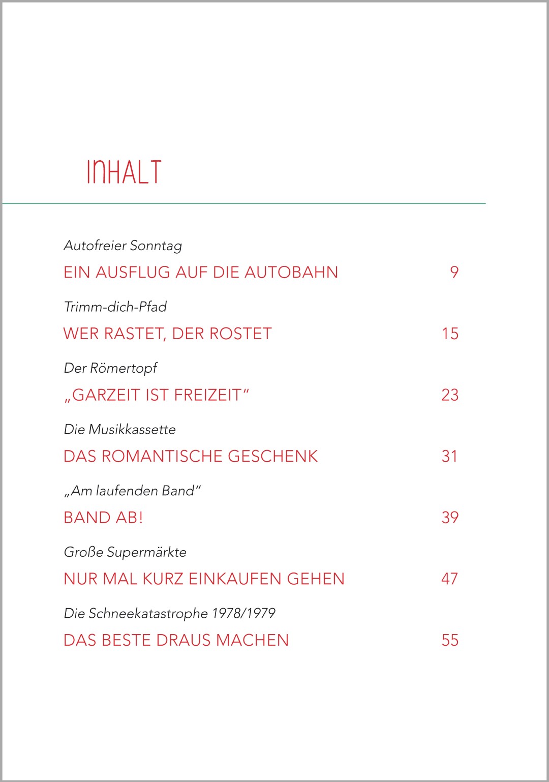 Inhaltsverzeichnis "Kurzgeschichten für Senioren" "Geschichten aus den 70ern"