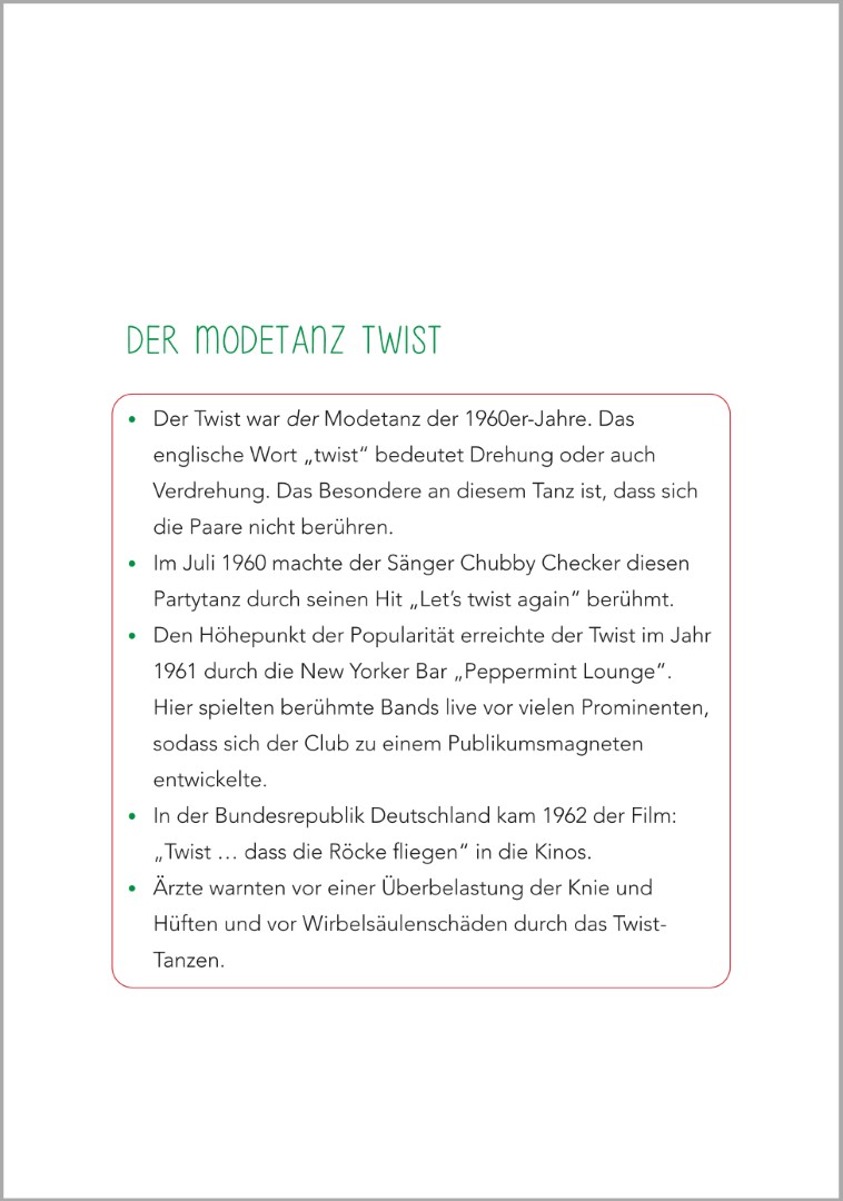  Beispielseite aus dem Buch ‚Geschichten aus den 60ern - Kurzgeschichten für Senioren‘. Bevor die Kurzgeschichte startet, werden allgemeine Dinge zu Ereignissen, Feste etc. beschrieben. Beispiel: der Modetanz Twist.