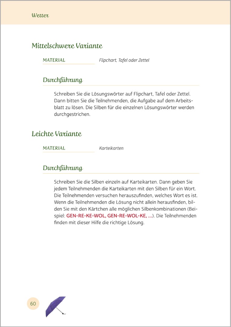 Beispielseite aus Gedächtnistraining für Senioren "Gehirnjogging für Naturliebhaber". Gezeigt wird eine Gedächtnisübung mit dem Titel „Silben zu Wetterwörtern kombinieren“. Die Übungen eignen sich ideal zur Aktivierung von Senioren.