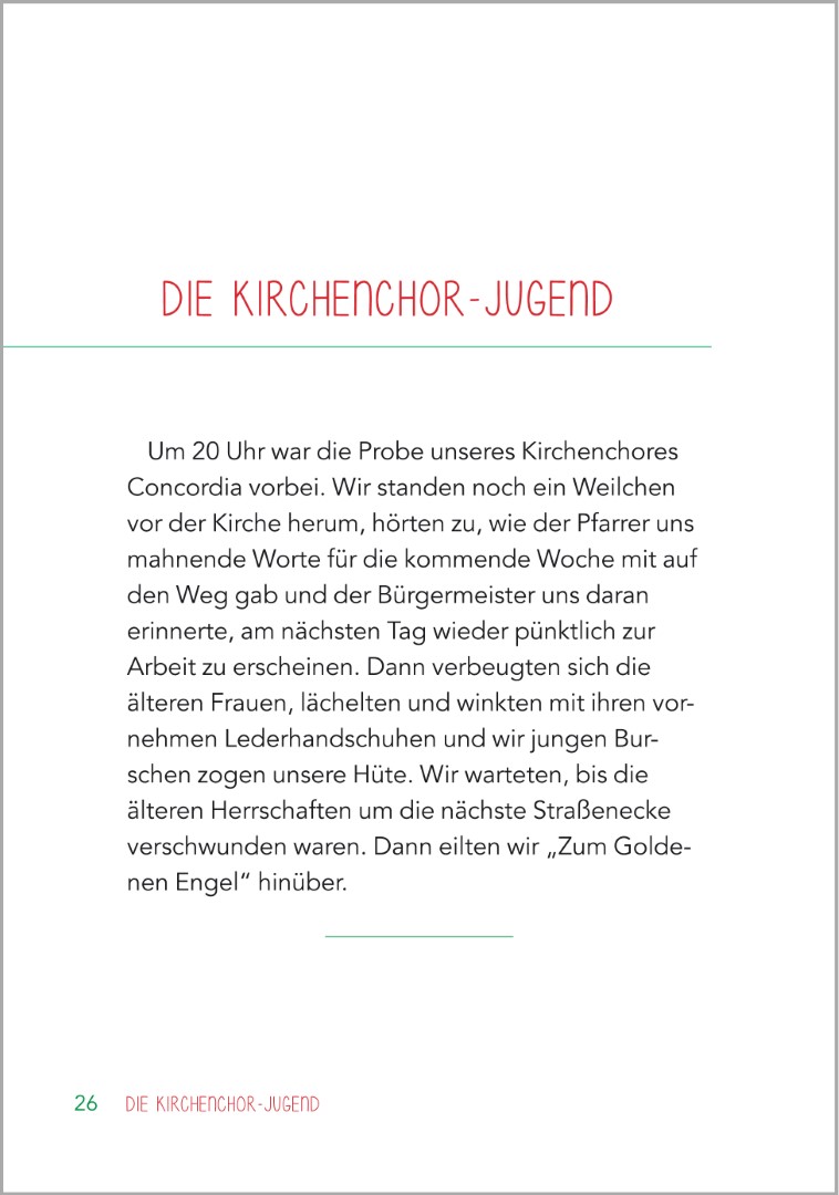 Beispielseite aus ‚Die Kirchenchor-Jugend‘ im Buch ‚Stammtischgespräche für Senioren‘. Männer gehen nach der Chorprobe in die Kneipe. In Großdruck für Senioren. 