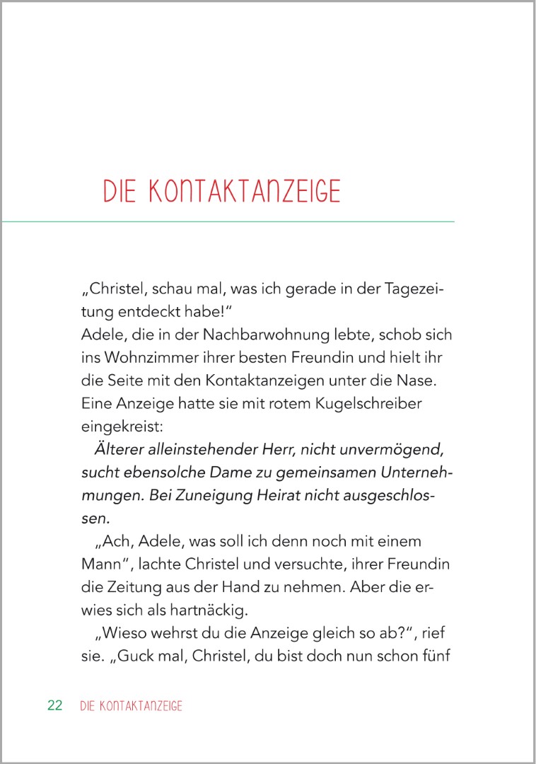 Beispielseite aus der Kurzgeschichte ‚Die Kontaktanzeige‘ aus dem Buch ‚Kurzgeschichten für Senioren – Liebesgeschichten‘ von Annette Weber. Die Geschichte ist in seniorengerechtem Großdruck gesetzt.