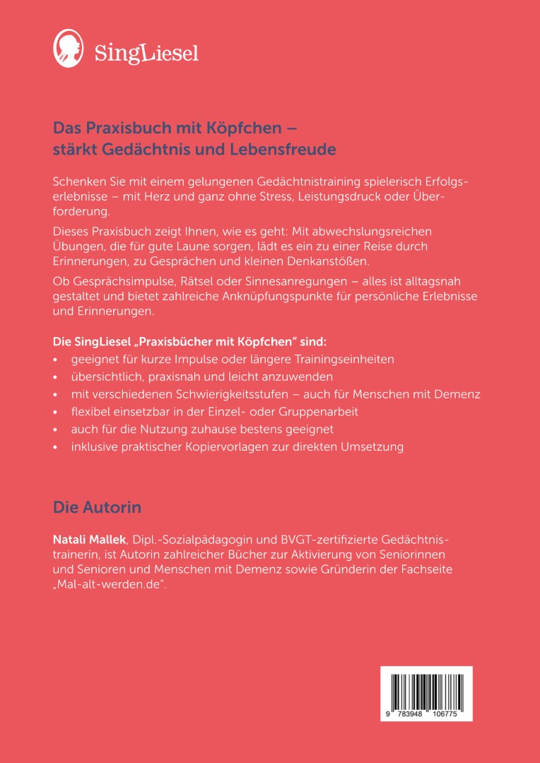 Die Rückseite von Gedächtnistraining für Senioren – „Gedächtnisübungen für gute Laune“ zeigt, wie regelmäßiges Gedächtnistraining das Denkvermögen, die Konzentration und die Lebensfreude im Alter stärkt.