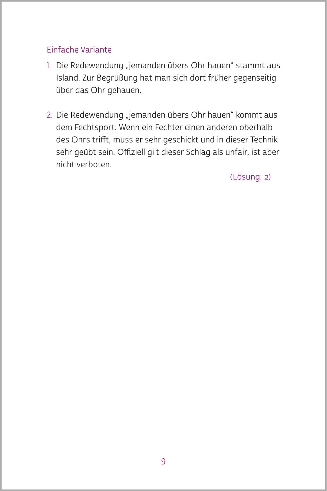 Beispielseite des Buchs „Rätselbuch der Redewendungen“ von Silke Hubrig, aus der SingLiesel kompakt Reihe. Es werden verschiedene Varianten des Rätsels „Jemanden übers Ohr hauen“ gezeigt.
