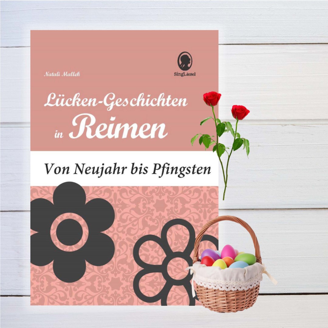 PDF-Cover zu „Lücken-Geschichten in Reimen. Von Neujahr bis Pfingsten“ für Senioren mit Demenz. Gezeigt wird ein Korb mit bunten Ostereiern als Symbol für jahreszeitliche Reimgeschichten.