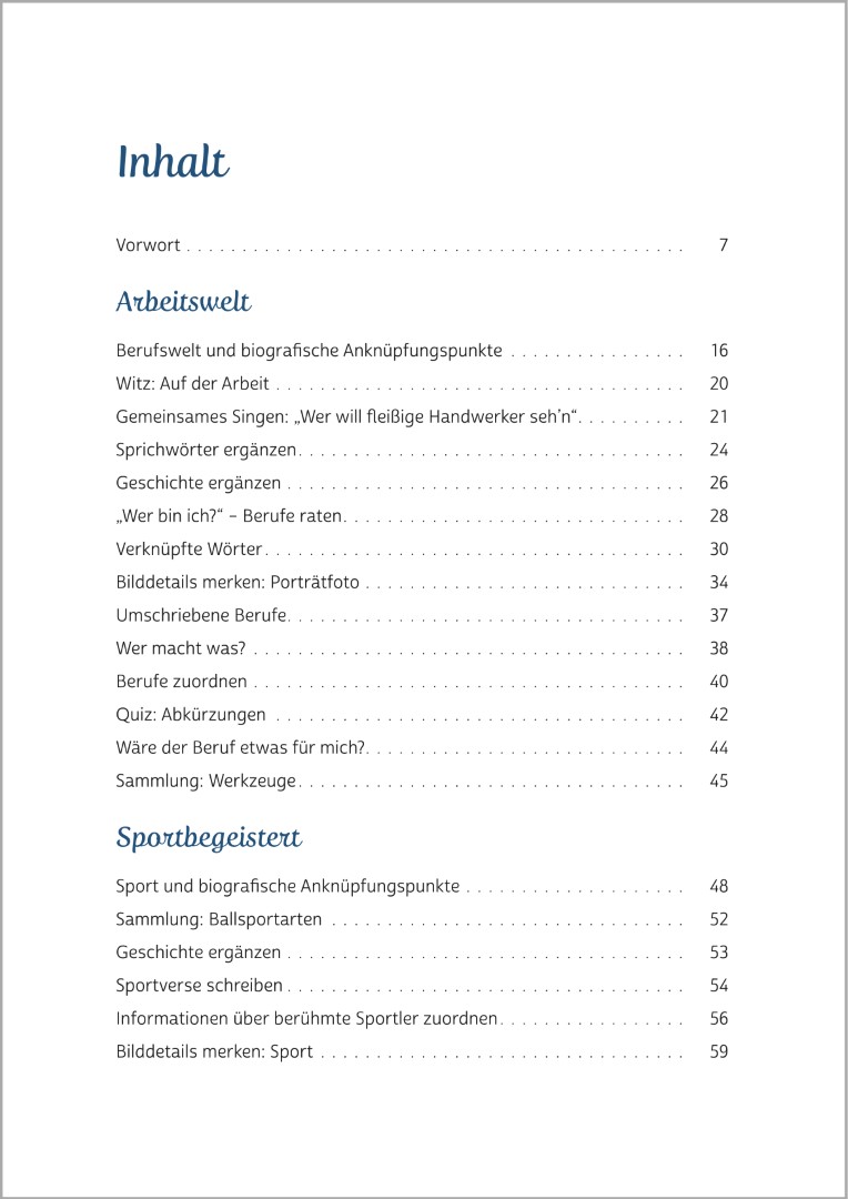 Aus dem Buch Gedächtnistraining für Senioren – „Kluge Kerle“: Denkspaß für Männer. Das Inhaltsverzeichnis präsentiert die Themen „Arbeitswelt“ und „Sportbegeisterte“, die gezielt auf die Interessen männlicher Senioren abgestimmt sind.