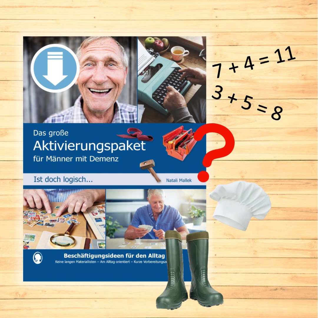 PDF-Cover zu „Das große Aktivierungspaket für Männer mit Demenz. Ist doch logisch …“ von Natali Mallek. Das Bild zeigt Aktivierungen zum Gedächtnistraining wie Zahlen- und Kartenspiele.