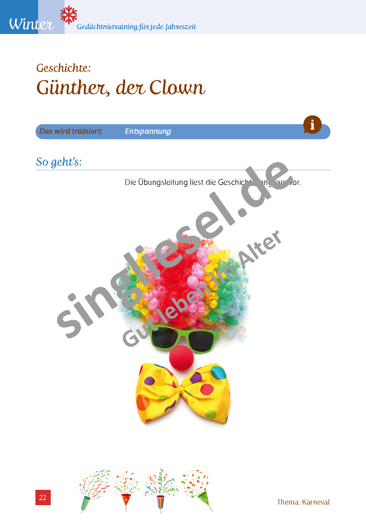 Beispielseite für Gedächtnistraining für Senioren mit Demenz - Kopiervorlagen zum Thema Fasching als PDF-Download Beispielseite für Gedächtnistraining für Senioren mit Demenz - Kopiervorlagen zum Thema Fasching als PDF-Download