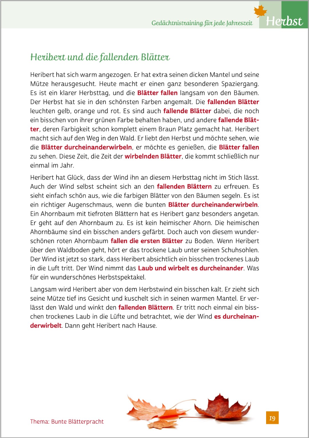Beispielseite aus „Gedächtnistraining für jede Jahreszeit – Herbst“. Abgebildet ist die Übung „Heribert und die fallenden Blätter – Eine Bewegungsgeschichte“.