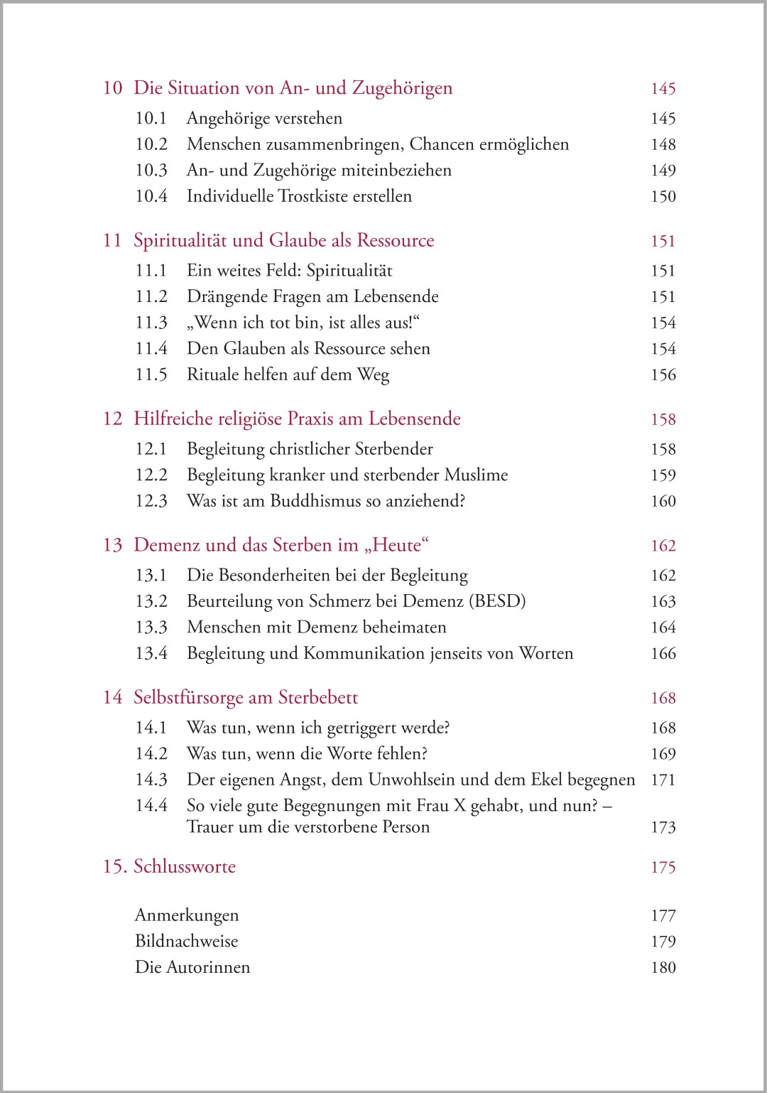 Inhaltsverzeichnis aus dem Buch „Palliative Care und Sterbebegleitung – Ein Ratgeber für Begleitende und Angehörige“ mit Themen zu rechtlichen Grundlagen, Symptomtherapie und praktischen Handlungstipps.