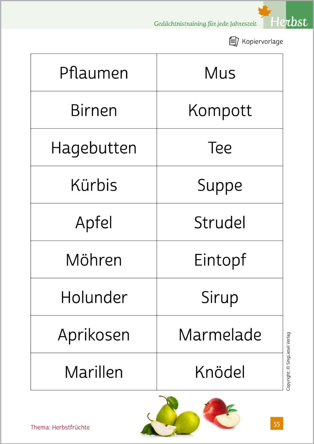 Beispielseite aus „Gedächtnistraining für jede Jahreszeit – Herbst“. Gezeigt wird die Übung „Leckere Pärchen finden“, bei der Wortkarten passenden Begriffen richtig zugeordnet werden.