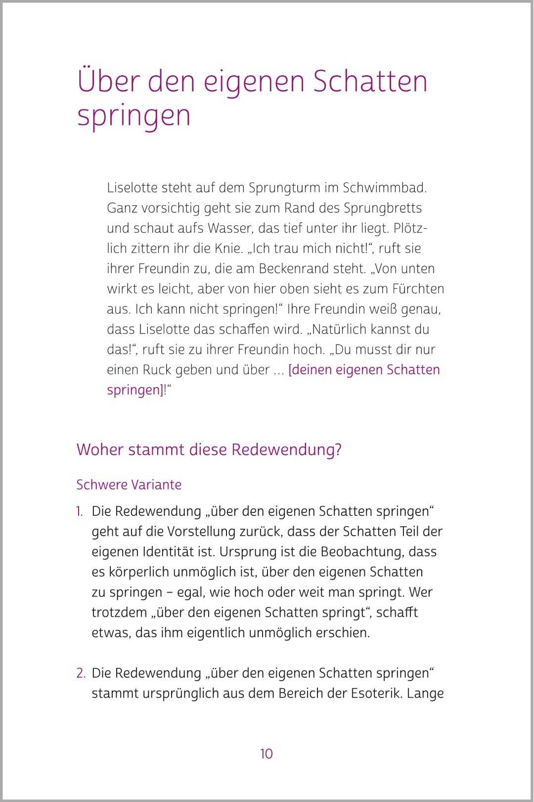 Beispielseite des Buchs „Rätselbuch der Redewendungen“ von Silke Hubrig, aus der SingLiesel kompakt Reihe. Es werden verschiedene Varianten des Rätsels „Über den eigenen Schatten springen“ gezeigt.