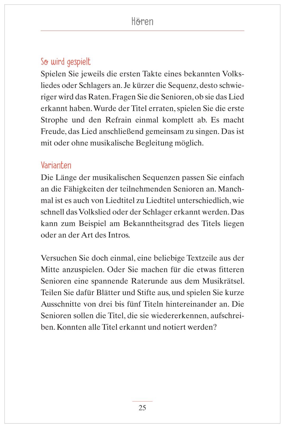 Beispielseite aus „Wahrnehmungsspiele für alle Sinne“. Abgebildet ist das Spiel „Wer kennt das Lied“ mit Spielanleitung und einer Übersicht der benötigten Materialien.