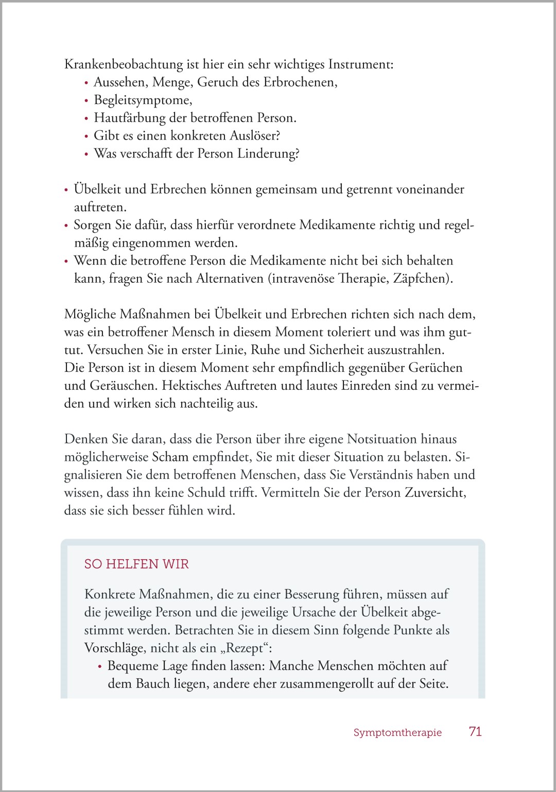 Beispielseite aus dem Buch „Palliative Care und Sterbebegleitung – Ein Ratgeber für Begleitende und Angehörige“ mit praktischen Hilfestellungen bei körperlichen Beschwerden.