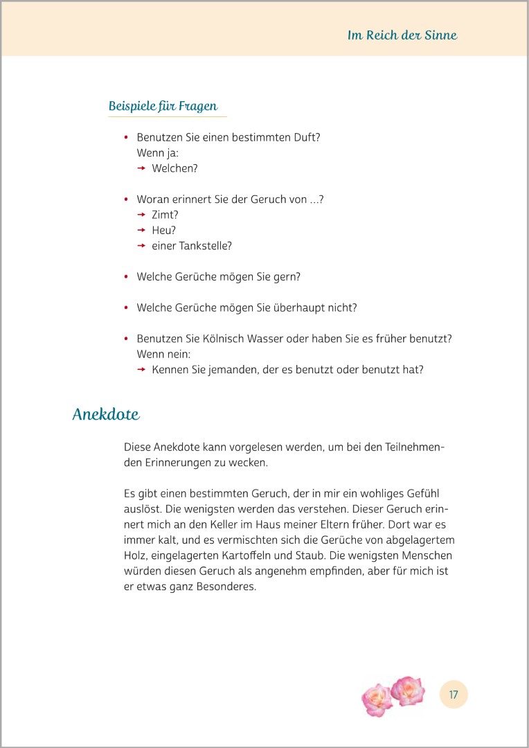 Beispielseite aus Gedächtnistraining für Senioren "Aktiv mit allen Sinnen". Gezeigt wird eine Gedächtnisübung mit dem Titel „Düfte und biografische Anknüpfungspunkte“. Die Übungen eignen sich ideal zur Aktivierung von Senioren.