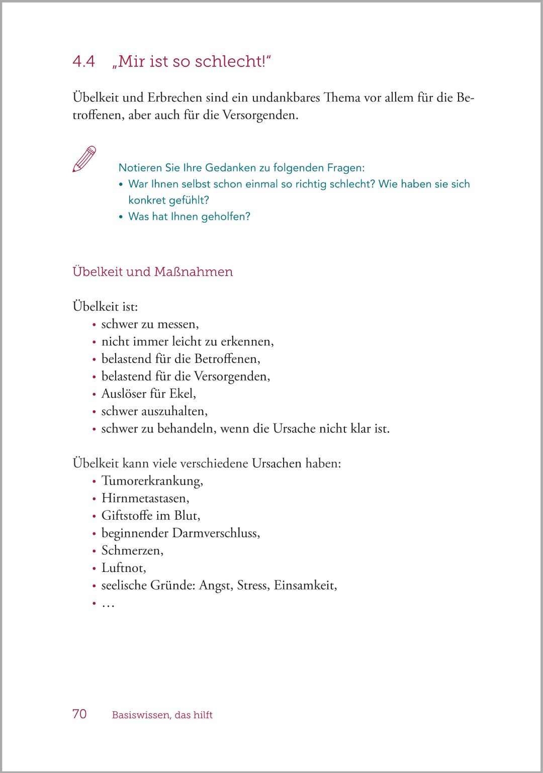 Beispielseite aus dem Buch „Palliative Care und Sterbebegleitung – Ein Ratgeber für Begleitende und Angehörige“ mit praktischen Hilfestellungen bei körperlichen Beschwerden.