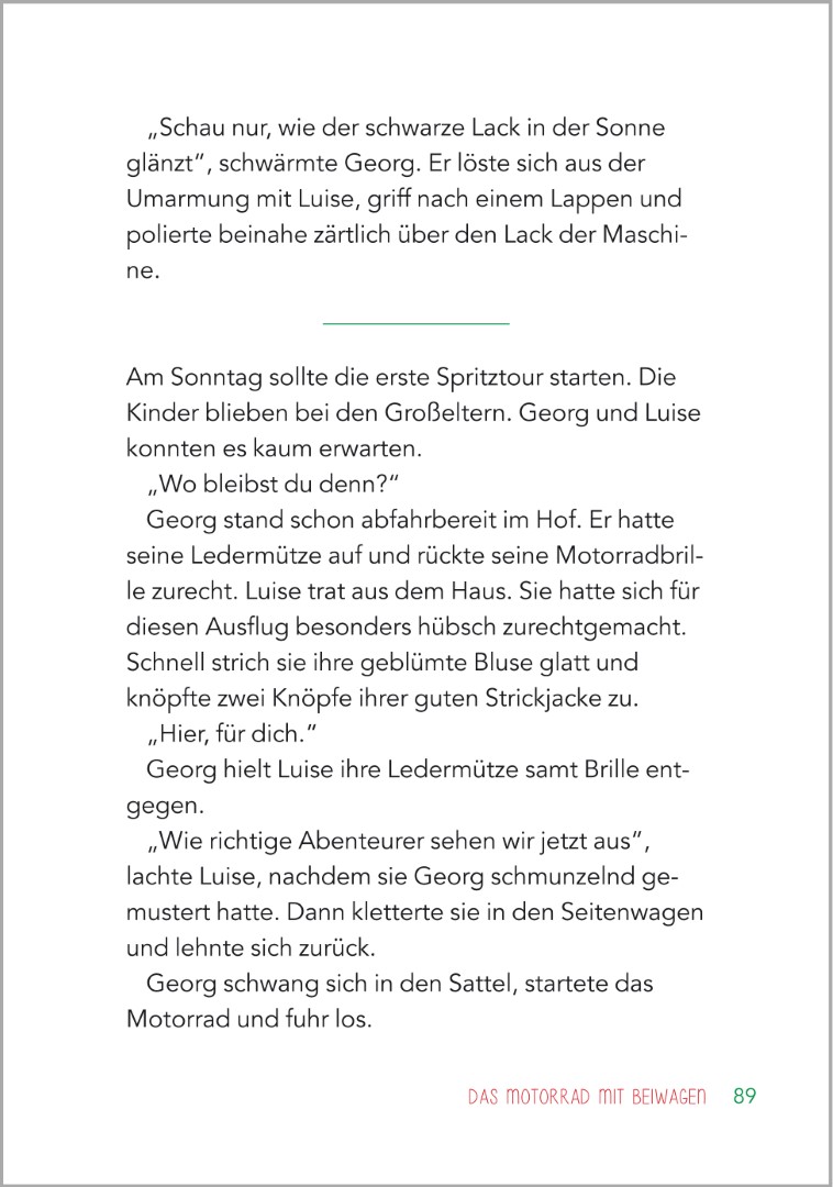 Beispielseite aus der Geschichte „Das Motorrad mit Beiwagen“ im Buch „Kurzgeschichten für Senioren“. Zu sehen ist eine in Großdruck gestaltete Textseite mit klarer, gut lesbarer Schrift, die eine heitere Alltagsgeschichte erzählt und sich besonders gut zu