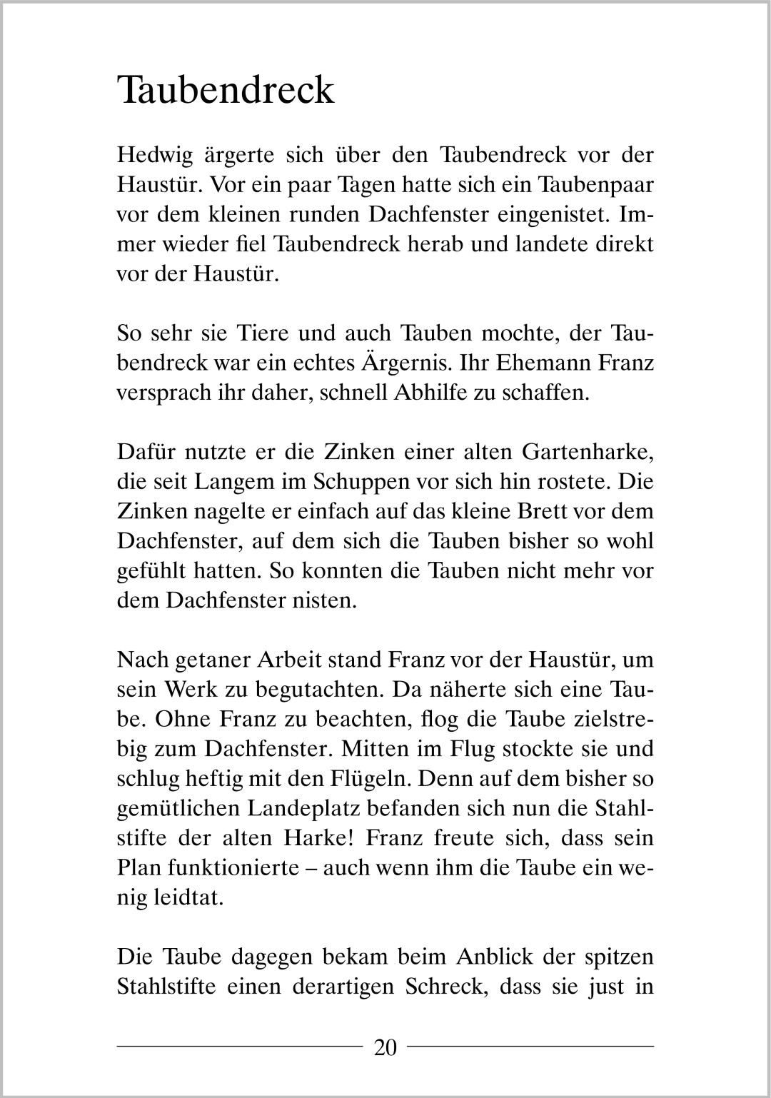 Beispielseite aus „Die schönsten Sprichwortgeschichten zum Lachen und Schmunzeln“ mit der Kurzgeschichte „Taubendreck“, geeignet zum Vorlesen und Miträtseln.