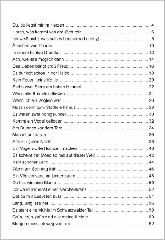 Liederbuch für Senioren im Großdruck – Die schönsten Liebeslieder mit Text und Noten. Inhaltsverzeichnis