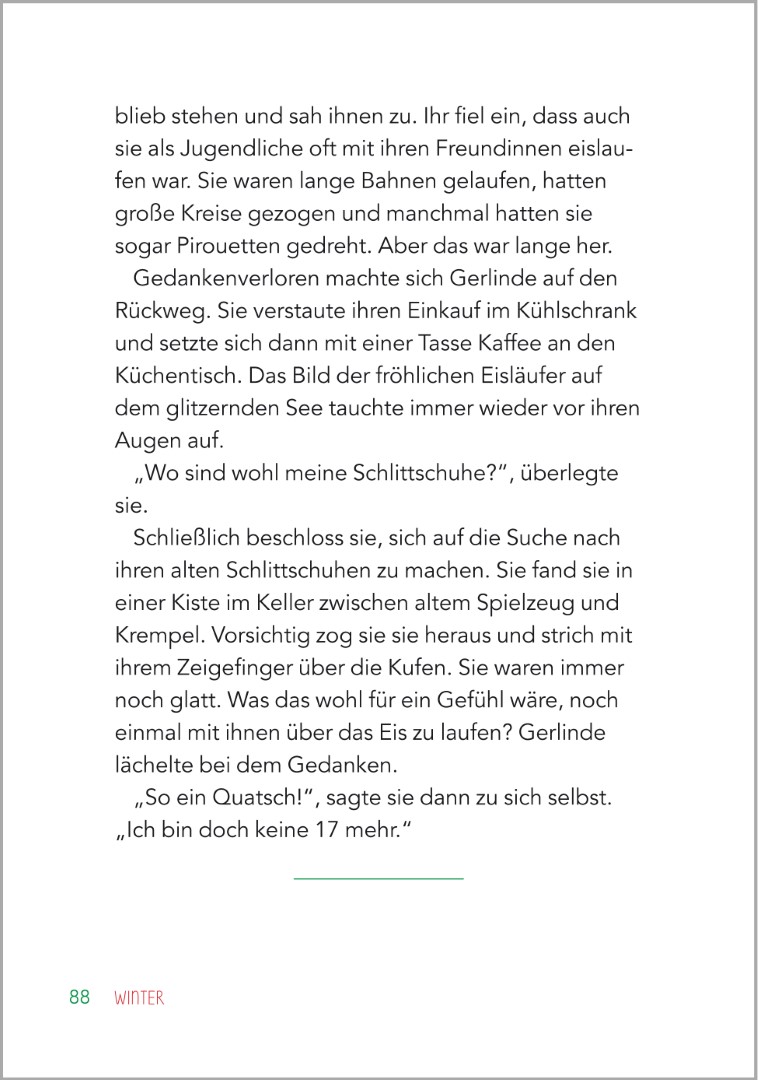 Beispielseite aus ‚Ein Tag auf dem Eis‘ im Buch ‚Jahreszeitengeschichten für Senioren‘. Eine winterliche Geschichte über einen gefrorenen See.