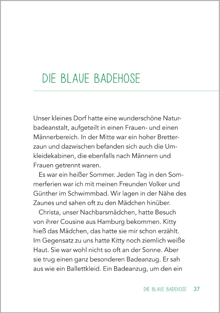 Beispielseite aus ‚Die blaue Badehose‘ im Buch ‚Jahreszeitengeschichten für Senioren‘. Eine sommerliche Geschichte über einen Besuch im Schwimmbad.