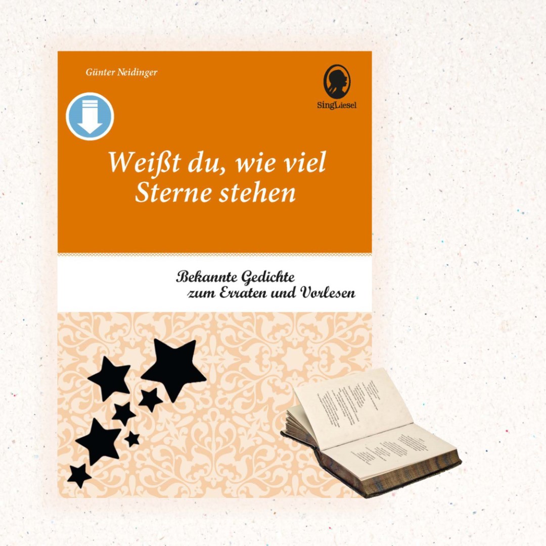 PDF-Cover zu „Weißt du, wie viele Sterne stehen“. Enthalten sind bekannte Gedichte zum Erraten und Vorlesen – ideal für Senioren mit Demenz.