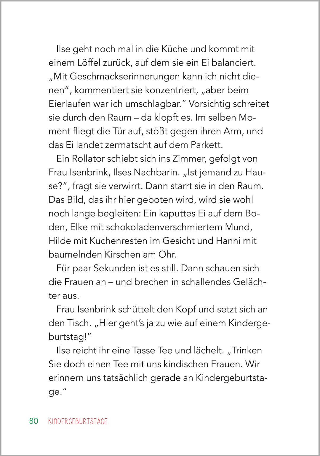 Beispielseite aus der Geschichte ‚Kindergeburtstage‘ im Buch ‚Kurzgeschichten für Senioren‘. Die Geschichte behandelt Kindheitsgeschichten des Plauderclubs. Die Geschichte ist im Großdruck gestaltet.