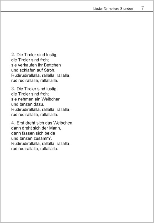 Liederbuch für Senioren im Großdruck – Die Tiroler sind lustig. Volkslied mit Liedtext & Noten für heitere Stunden