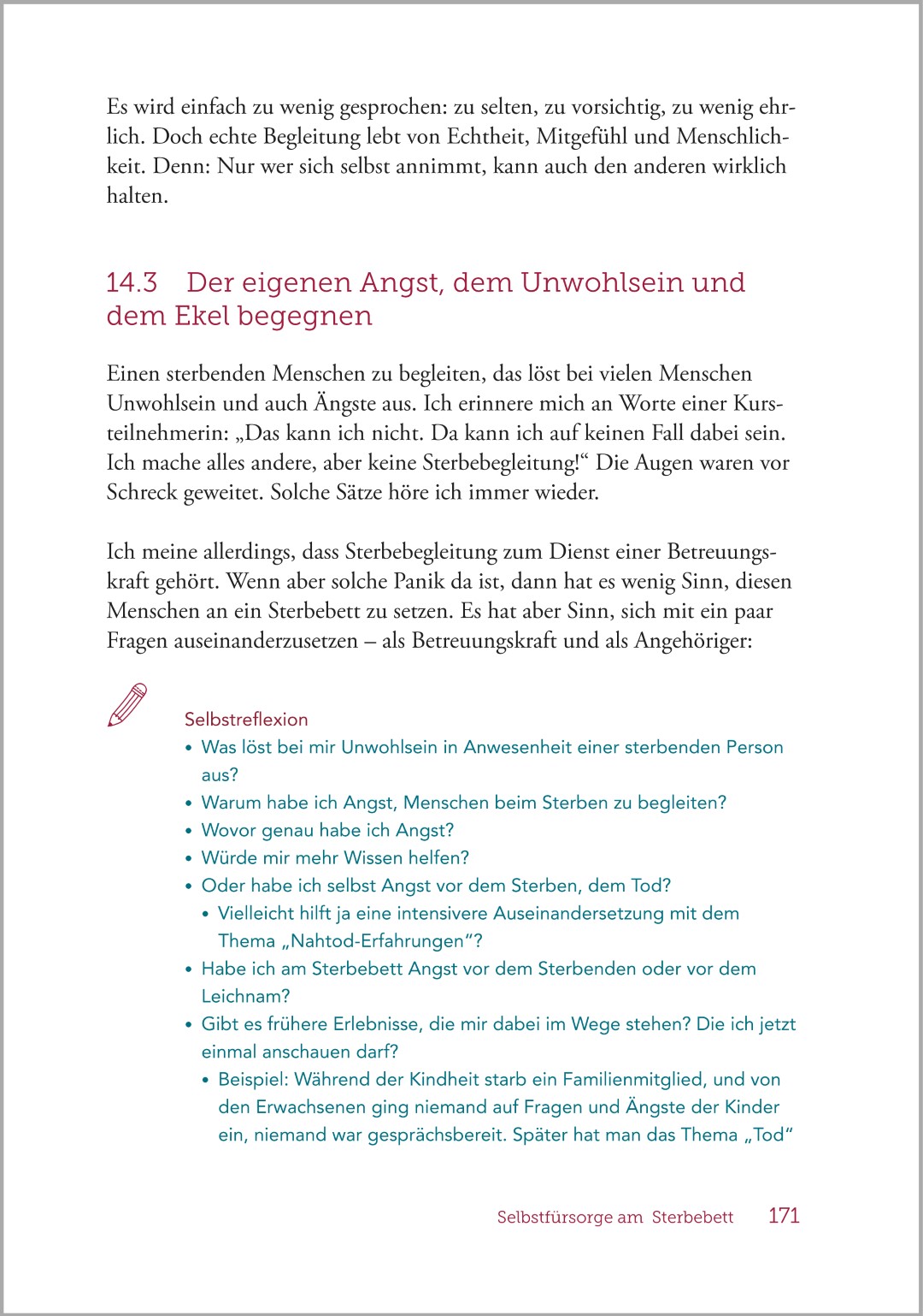 Kapitel zur Selbstfürsorge aus dem Buch „Palliative Care und Sterbebegleitung – Ein Ratgeber für Begleitende und Angehörige“ mit Tipps zum Umgang mit emotionaler Belastung.