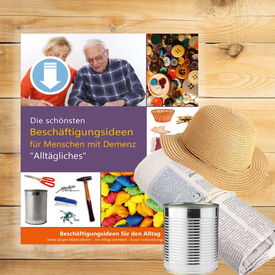 PDF-Cover zu „Die schönsten Beschäftigungsideen für Menschen mit Demenz. Alltägliches“. Auf dem Cover sind eine Zeitung und ein Hut als Symbole für einfache Aktivierungen.